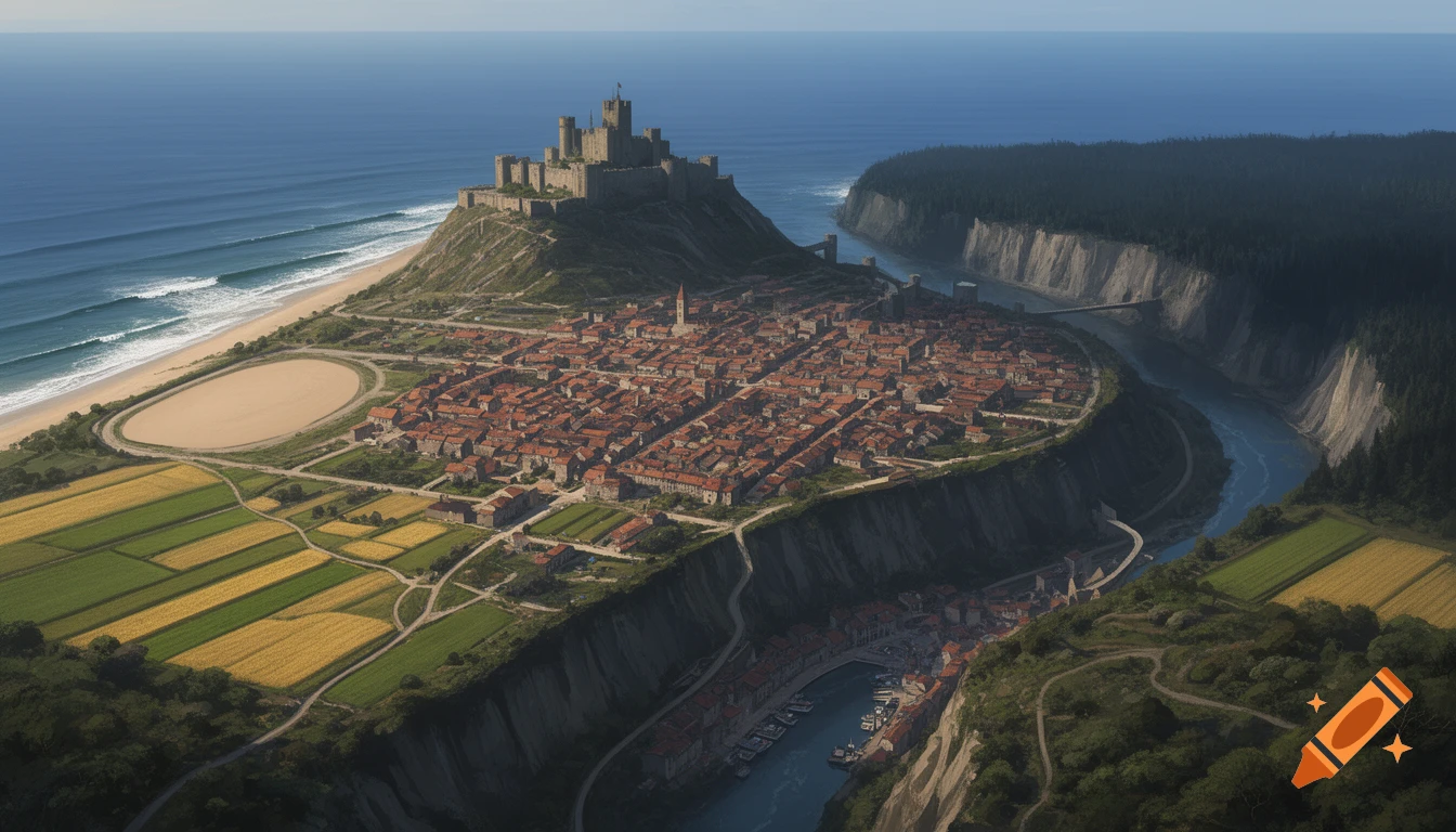 Aerial view of a vast medieval coastal city with a castle on a promontory, a harbor in a river gorge, and agricultural fields, in a painterly style.