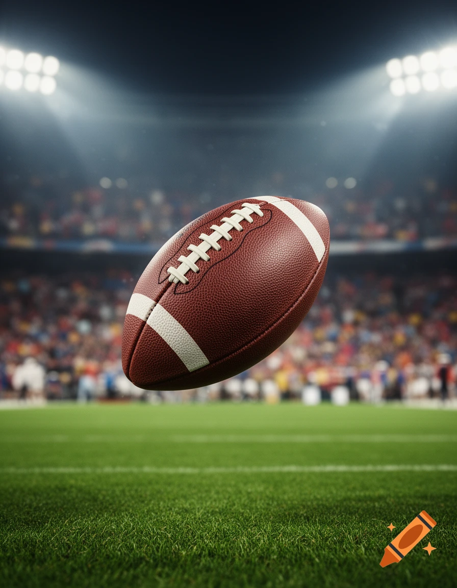 A photorealistic American football floats above a green field, with a blurred stadium and bright lights.
