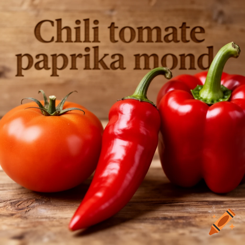 A close-up of a red tomato, a red chili pepper, and a red bell pepper on a wooden surface with "Chili tomate paprika mond" carved into the background.