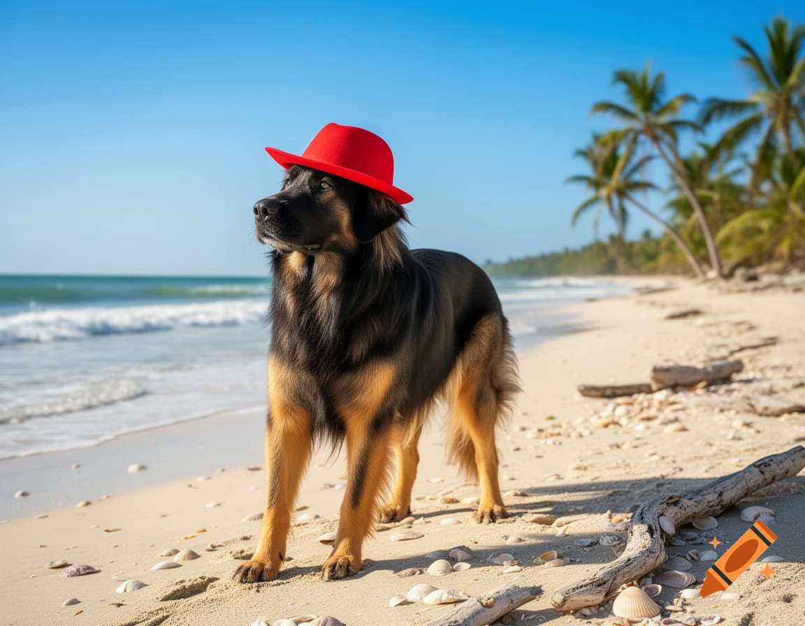 A photorealistic hovawart dog wearing a red hat stands on a sandy tropical beach with palm trees and ocean waves.