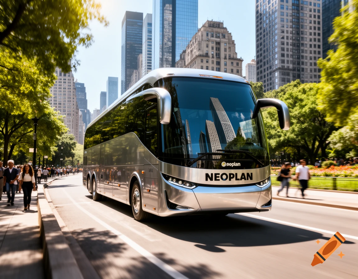 A silver Neoplan bus drives down a sunny city street lined with trees, pedestrians, and skyscrapers. Photorealistic.