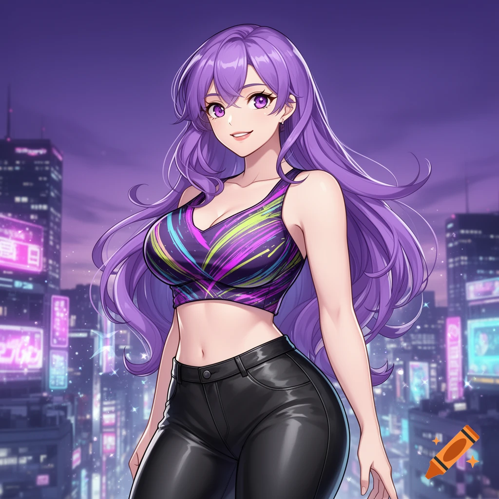 An anime character with long purple hair, purple eyes, a colorful crop top, and black pants stands in a purple-lit city at night.