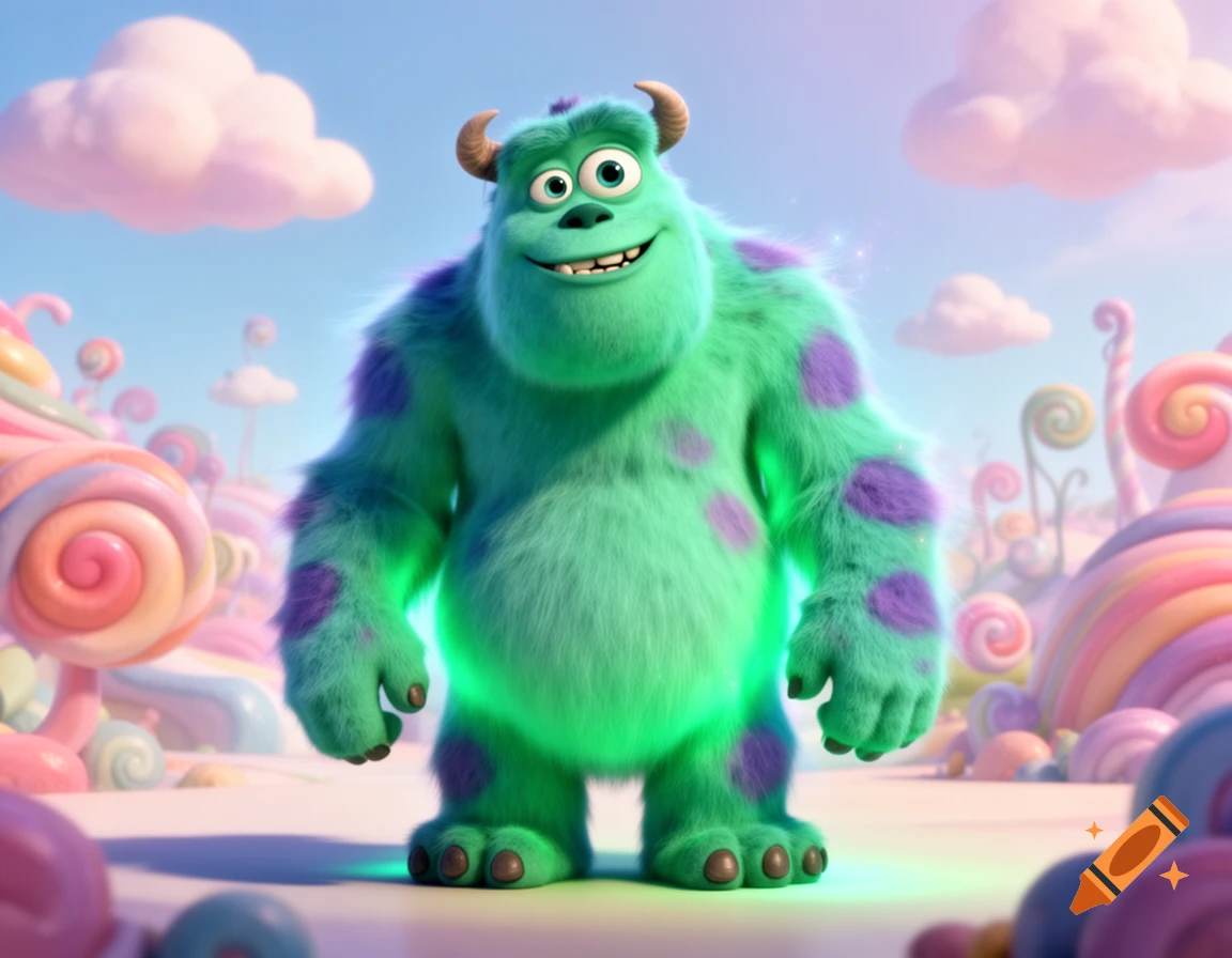 A fuzzy, green monster with purple spots, resembling Sully, stands in a whimsical candy land with pastel clouds.