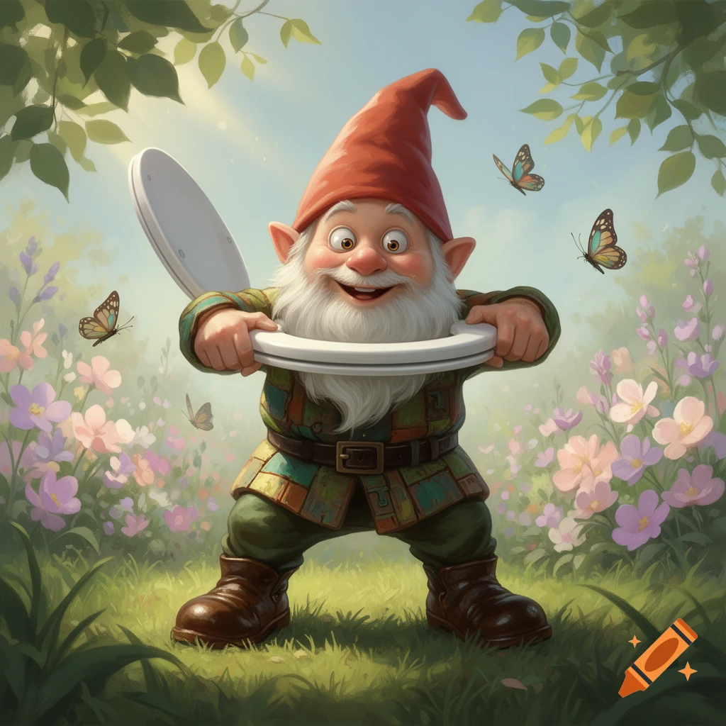 A cheerful, cartoon-style gnome with a red hat and white beard holds a toilet seat in a sunny garden with flowers and butterflies.