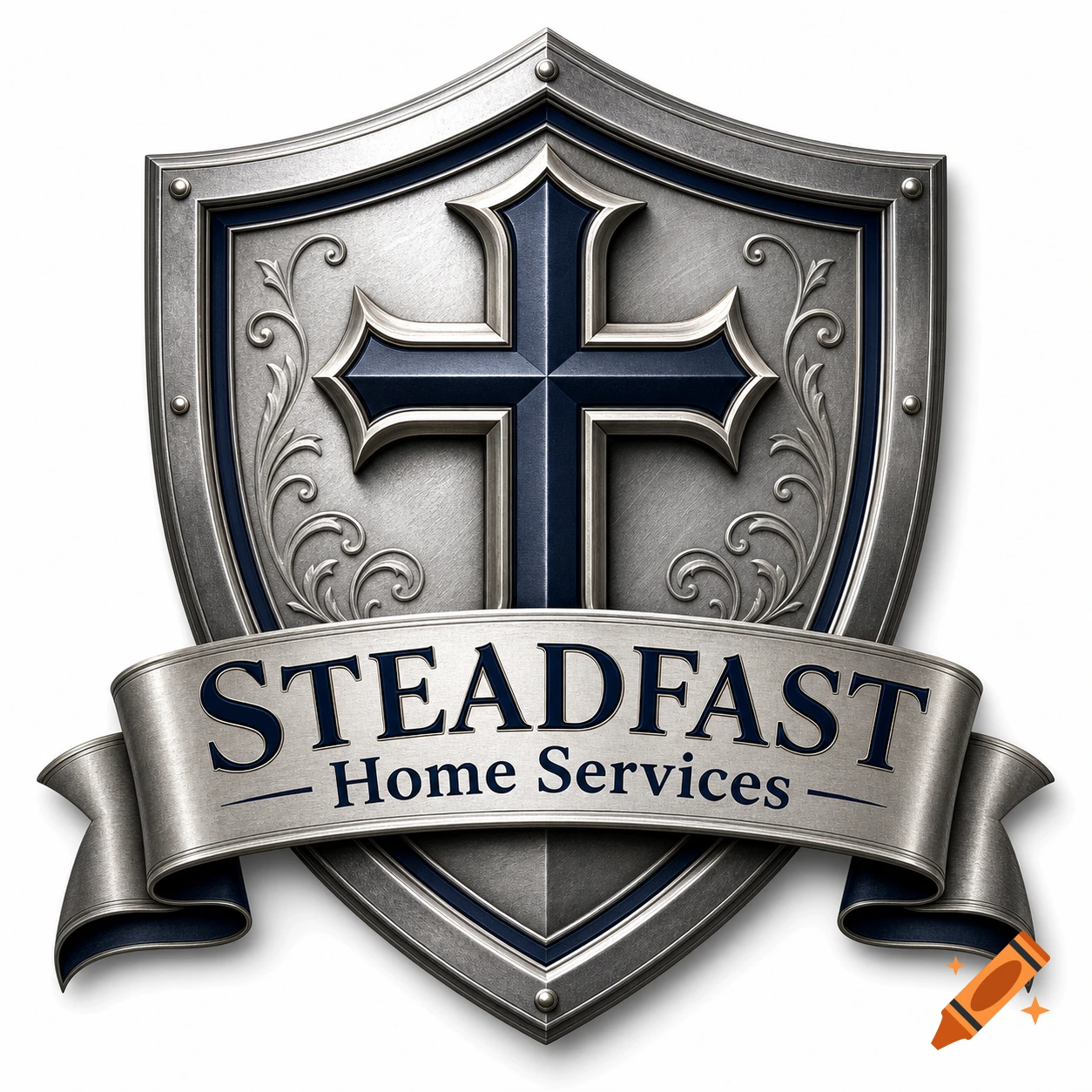 A metallic silver shield logo with a prominent dark blue cross, ornate scrollwork, and a banner displaying 'STEADFAST Home Services'.