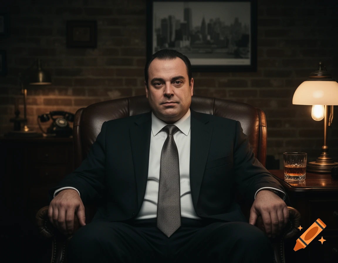 A serious man in a dark suit sits in a leather armchair in a dimly lit room with a drink and old telephone.