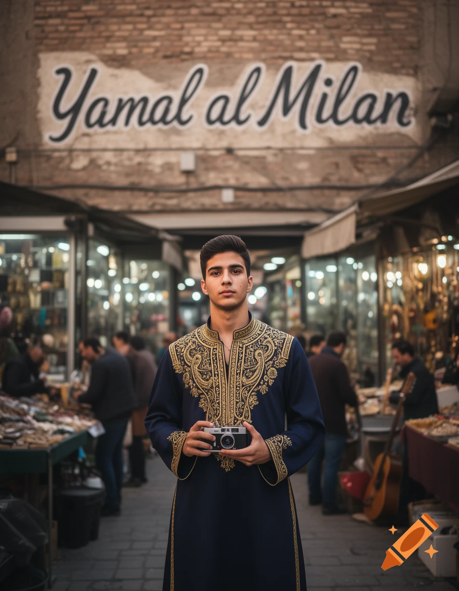 A young man in an ornate blue and gold tunic holds a camera, standing in a bustling market street with a sign 'Yamal al Milan' above him.