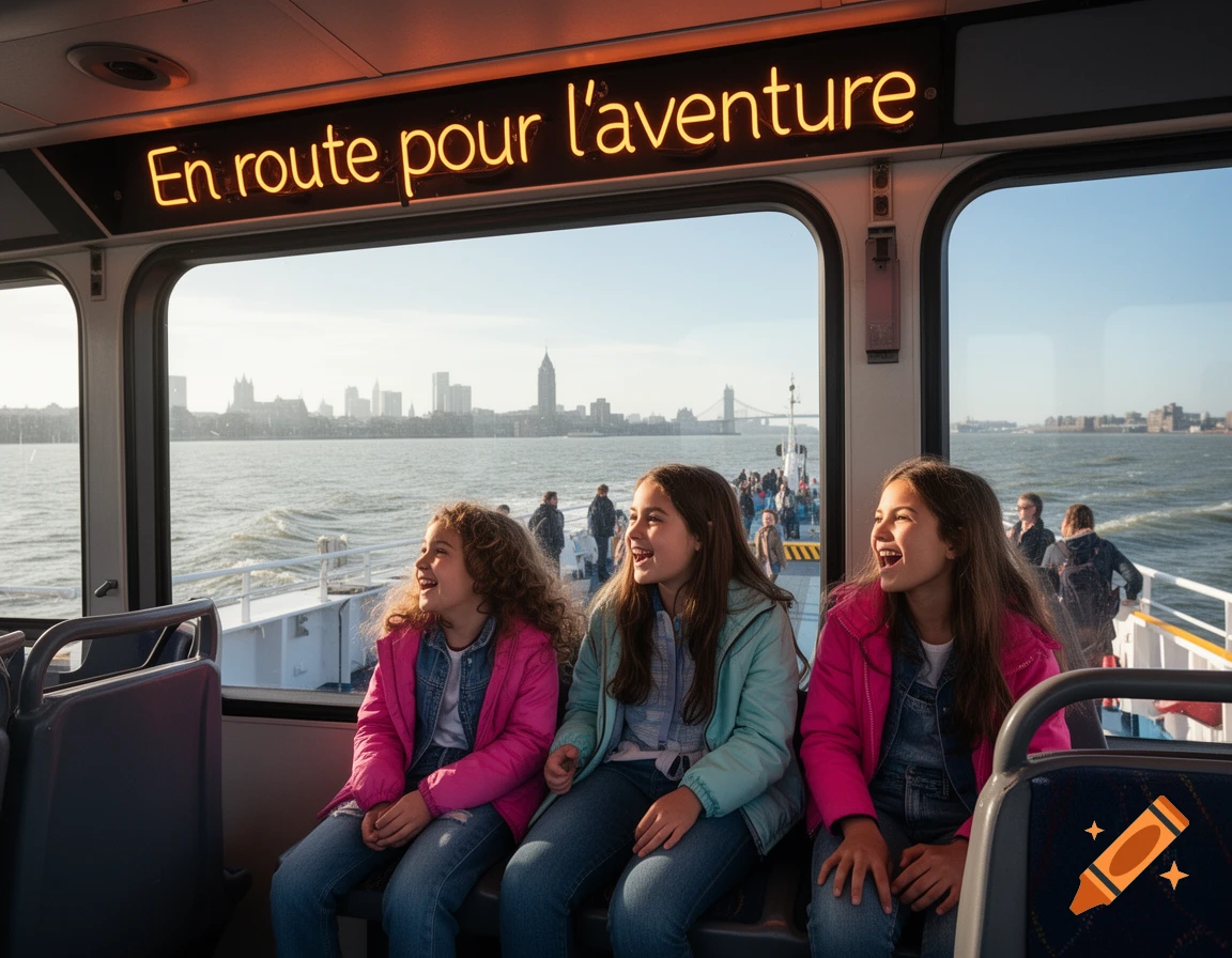 Three smiling girls in a ferry looking out a window at a city skyline and water. Text above reads 'En route pour l'aventure'.