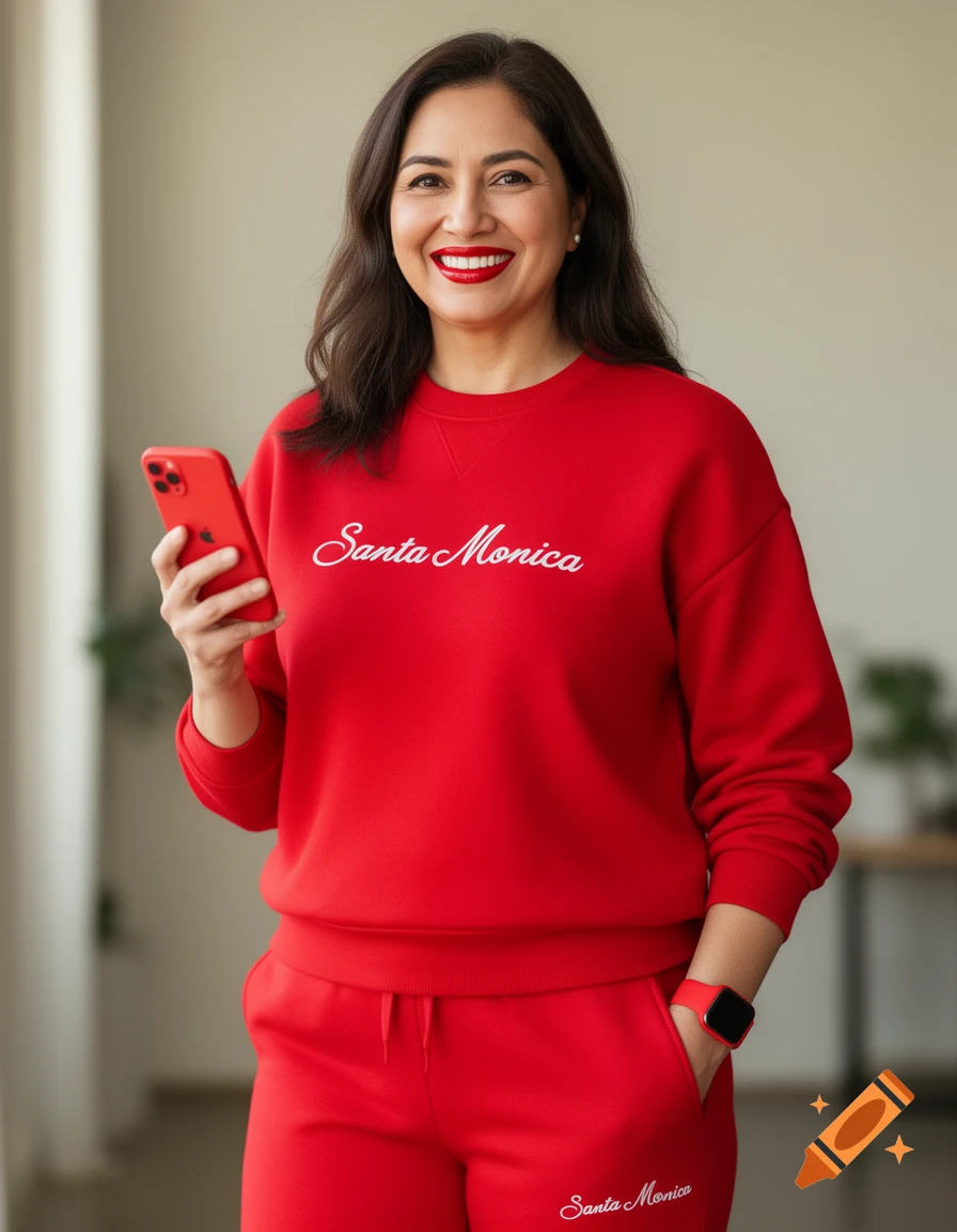 A smiling woman in a red tracksuit with 'Santa Monica' text, holding a red smartphone and wearing a red smartwatch.