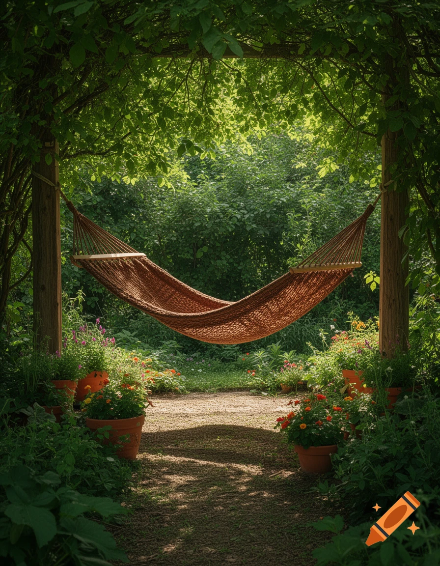 A woven hammock under a leafy canopy in a sun-dappled green garden with potted flowers and a dirt path.