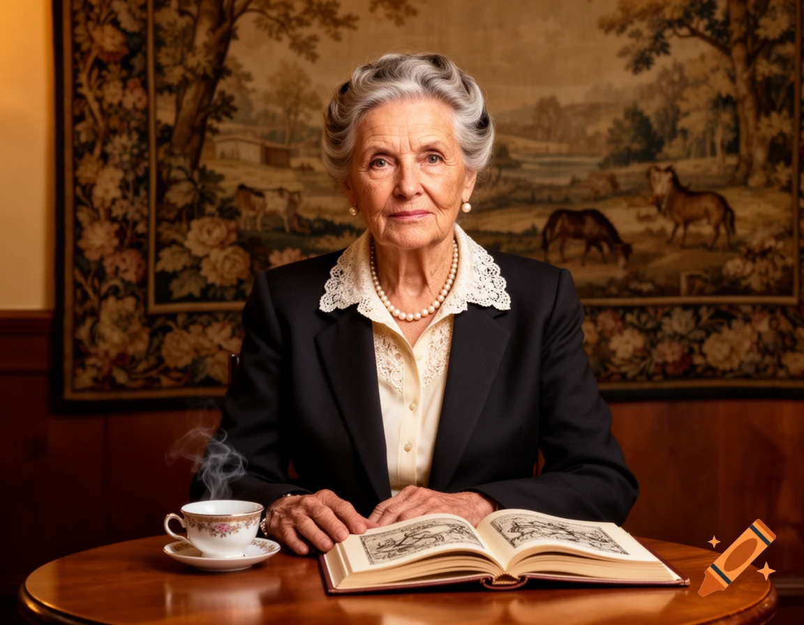 A distinguished elderly woman with gray hair and pearls sits at a table with an open book and a steaming cup, against a tapestry background.