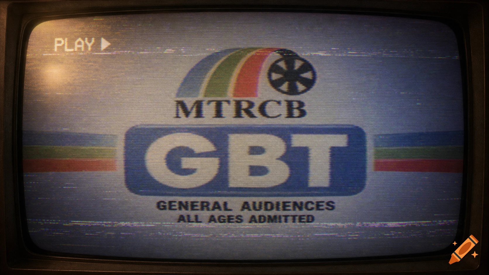 Retro TV screen displaying a distorted VHS-style MTRCB GBT rating logo for 'General Audiences'.