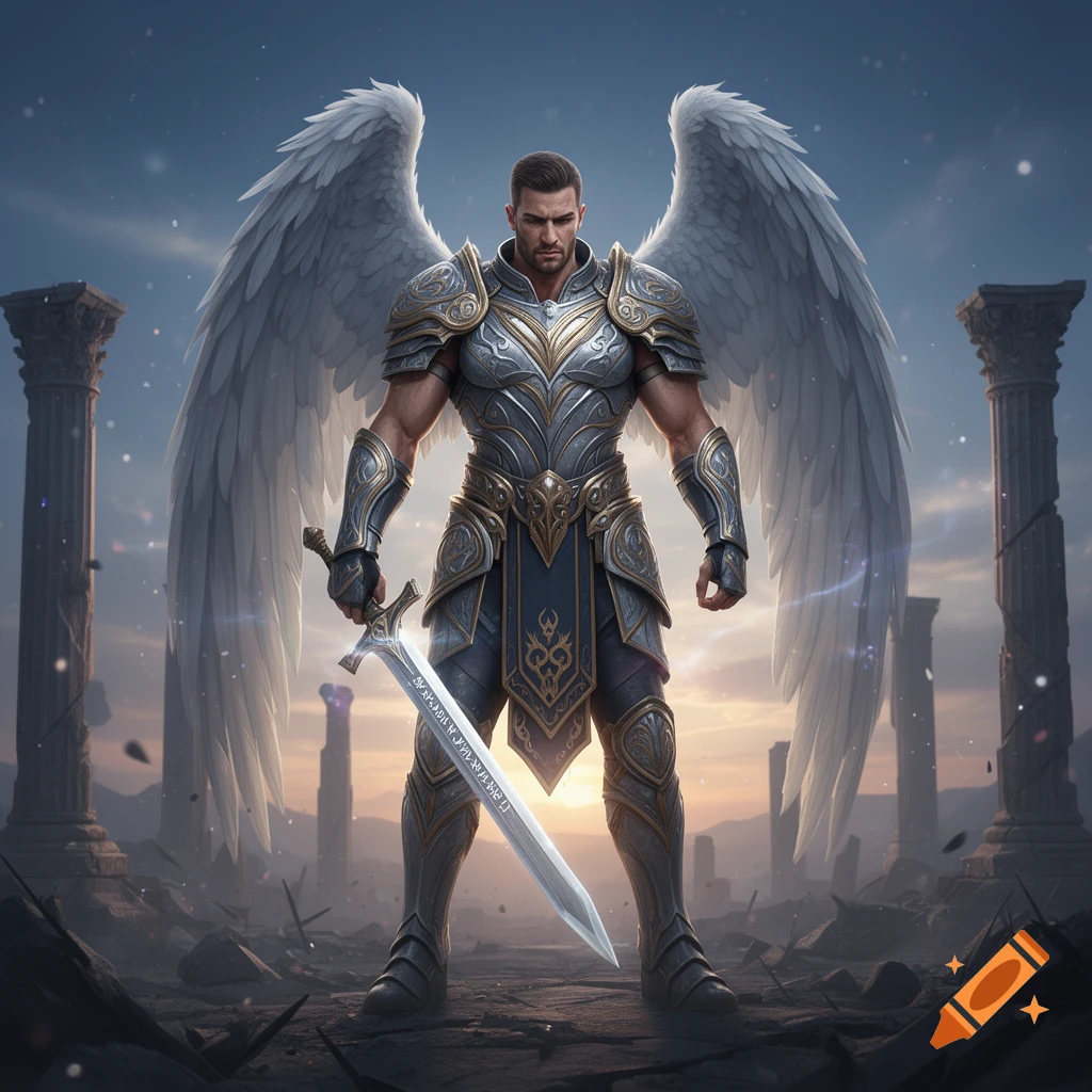 A muscular male angel warrior in ornate armor holding a sword amidst ancient ruins under a dramatic sky.