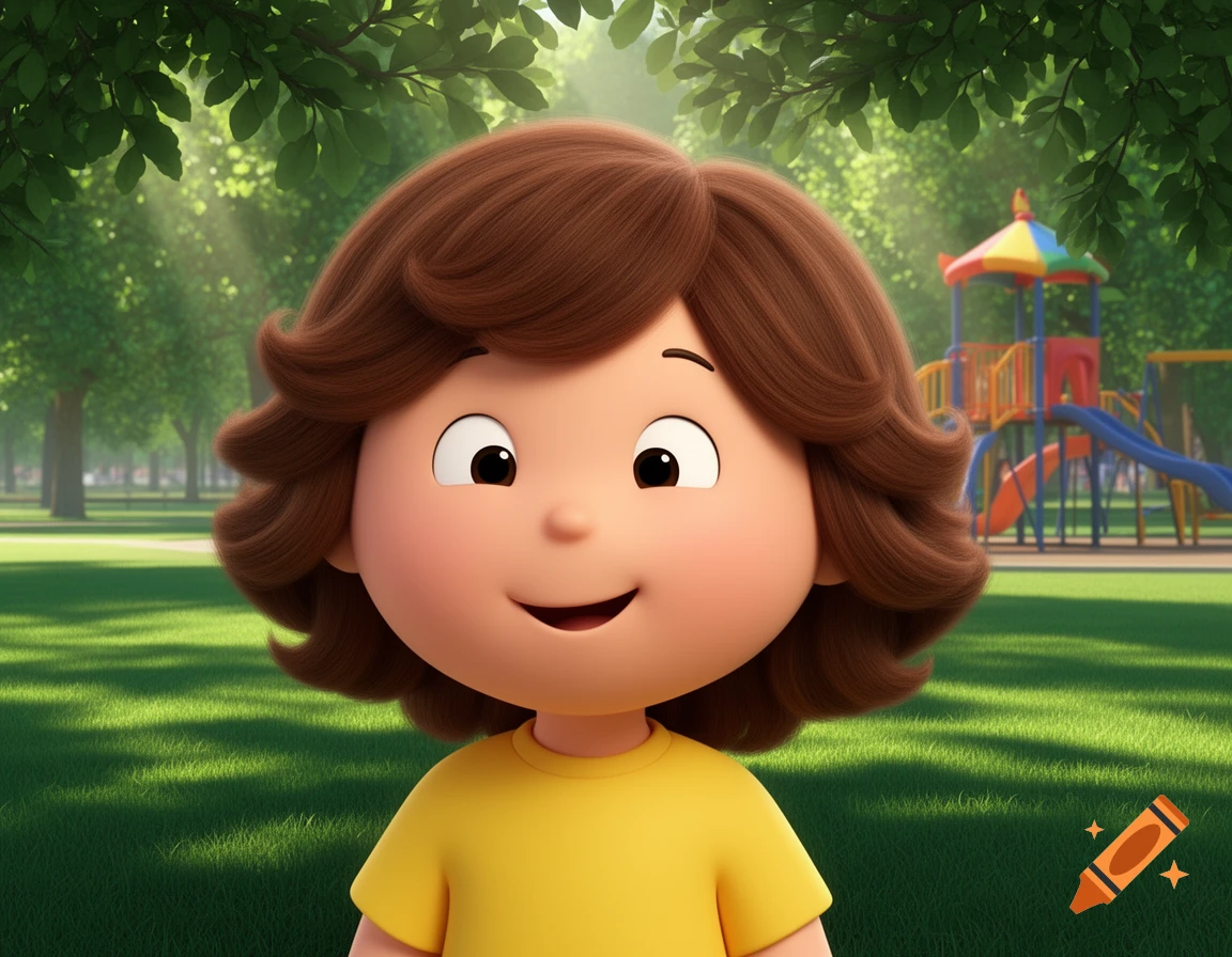 A smiling, 3D animated child with brown curly hair, resembling Caillou, stands in a sunny park with a playground in the background.