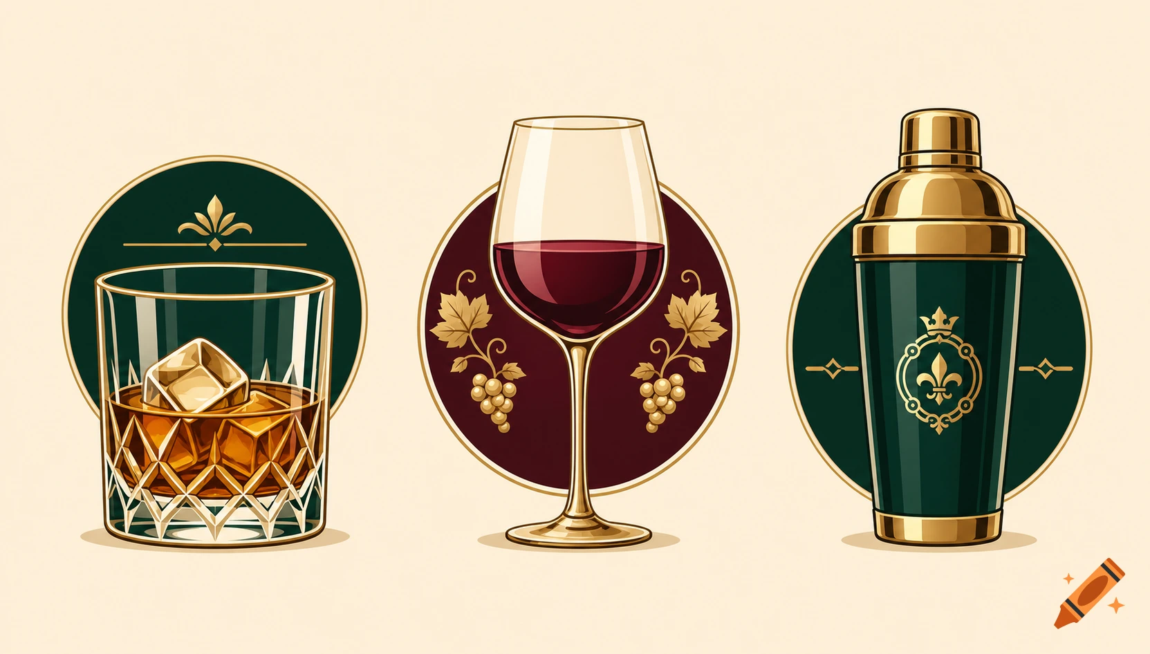Stylized icons of a whiskey glass with ice, a wine glass with grapes, and a cocktail shaker with a fleur-de-lis emblem.