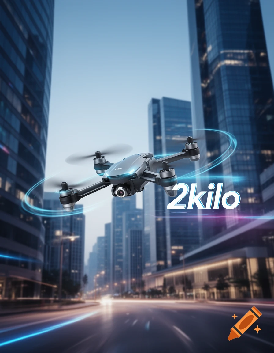 Photorealistic gray drone with '2kilo' text flying over a blurred city street at dusk with light trails and tall buildings.