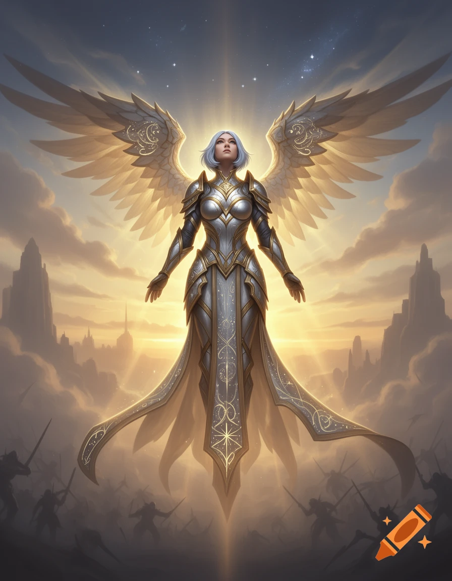 An armored angelic warrior woman with large golden wings ascends over a fantasy city at sunset, looking towards a radiant sky.