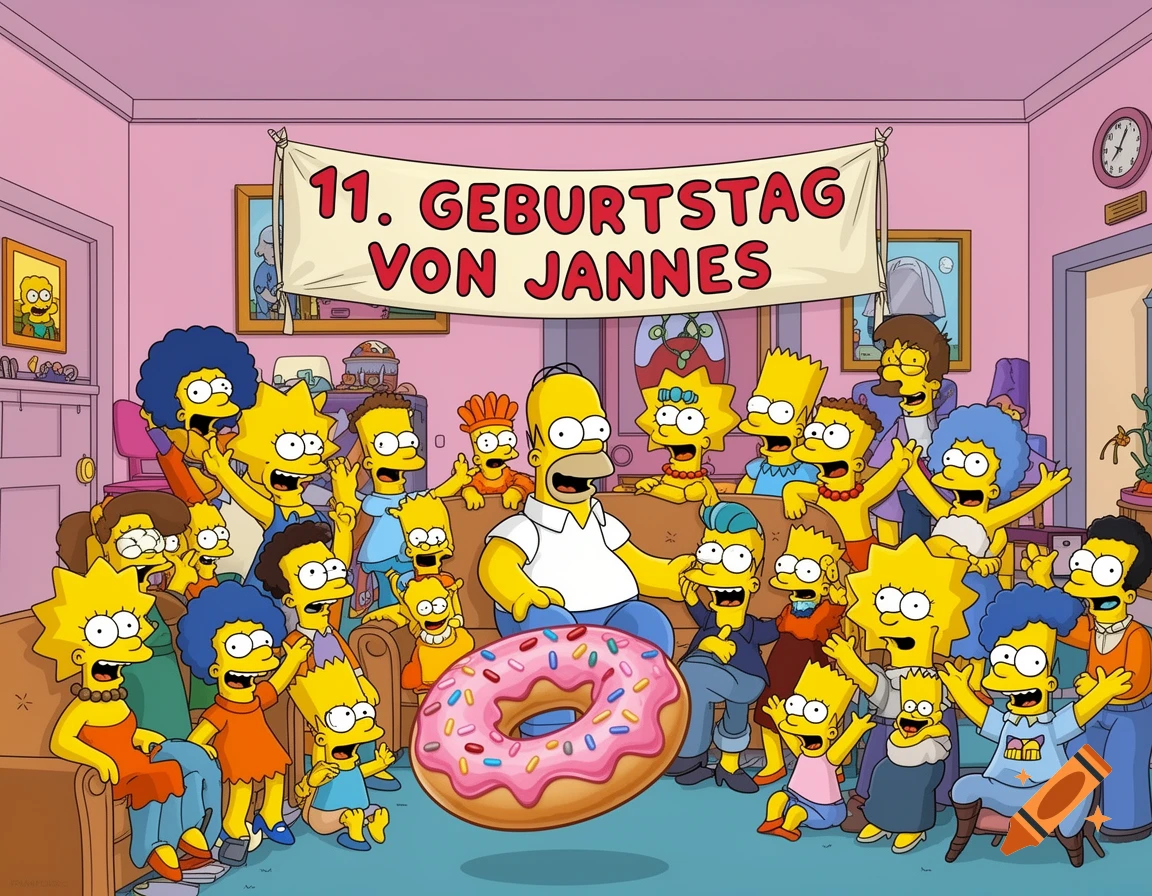 A large group of yellow-skinned cartoon characters resembling The Simpsons celebrating Jannes' 11th birthday with a banner and Homer holding a giant donut.