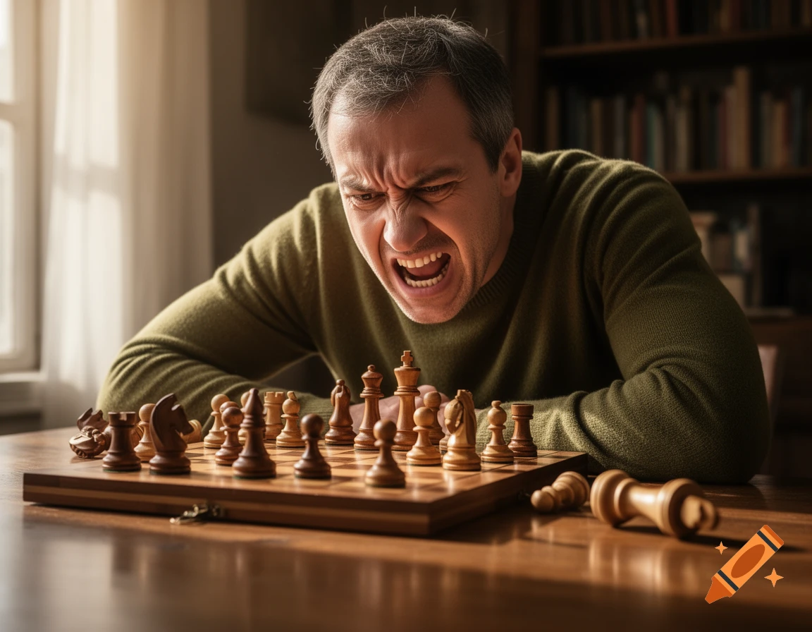 A man with an angry, raging expression leans over a chess board with scattered pieces, in a room with a bookshelf.