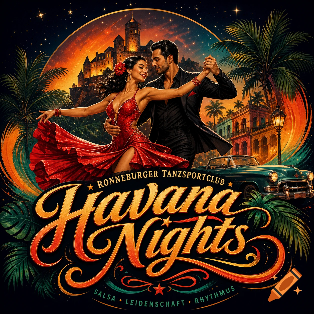 A vibrant logo for 'Havana Nights' salsa club, featuring a dancing couple in front of a colorful Cuban cityscape with a classic car and castle.