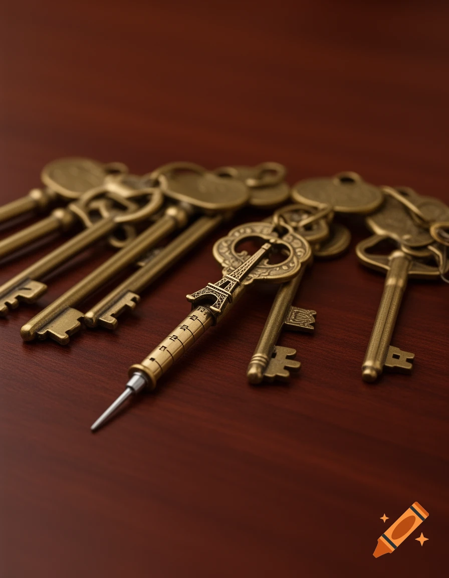 A collection of antique brass keys, one featuring an Eiffel Tower head and another resembling a syringe, on a polished wooden surface.