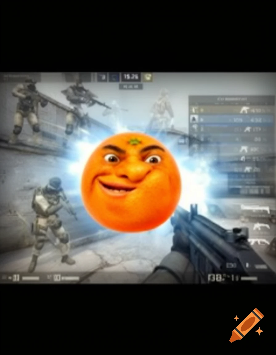 A low-quality, blurry image of the Annoying Orange character superimposed onto a Counter-Strike: Global Offensive gameplay screenshot.