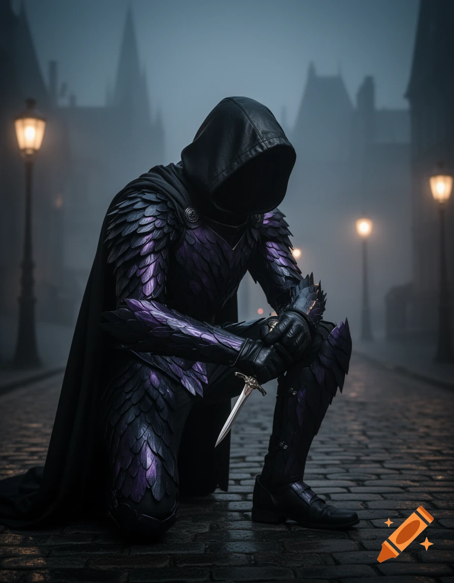 A dark rogue character in purple feathered armor kneels with a dagger on a foggy cobblestone street.