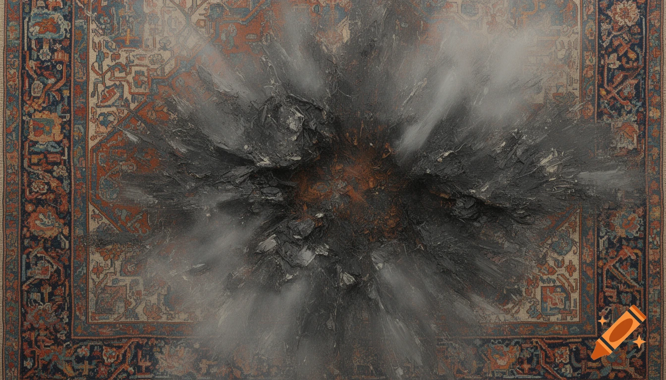 An abstract conceptual artwork of a patterned carpet decaying at the center into dark, textured masses with dusty streaks.