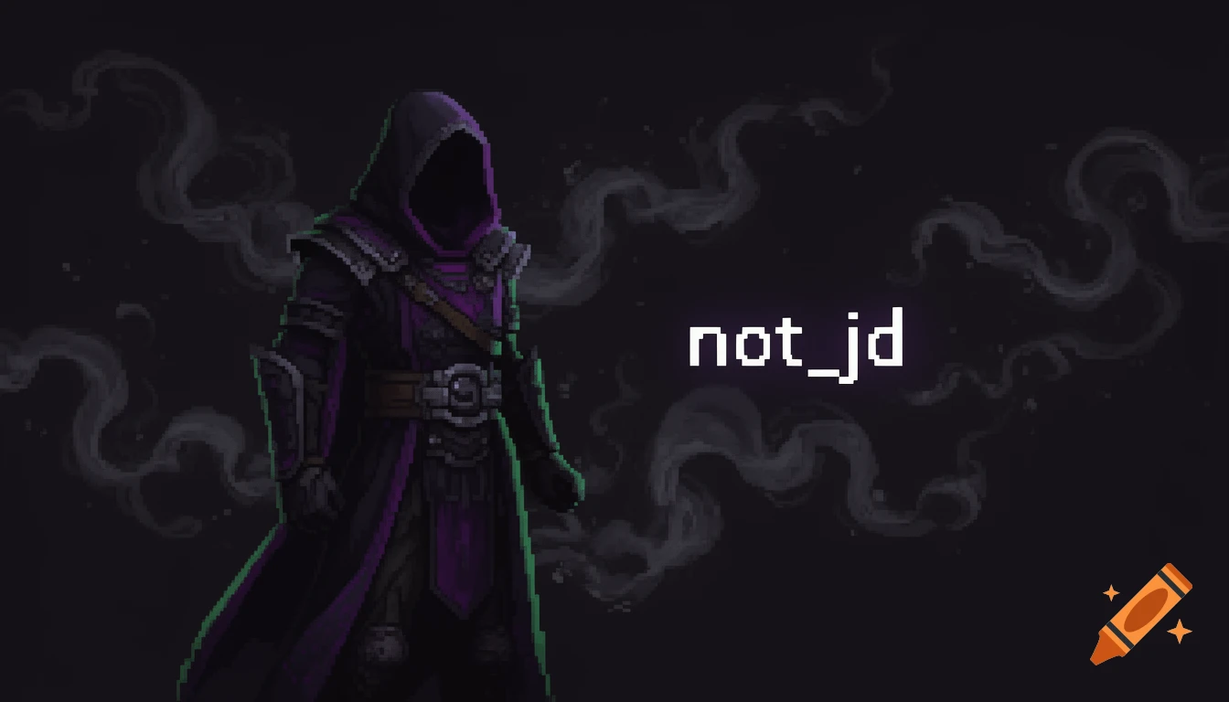 Pixel art of a hooded rogue/assassin character in dark purple armor, surrounded by smoke, with the text "not_jd" on the right.