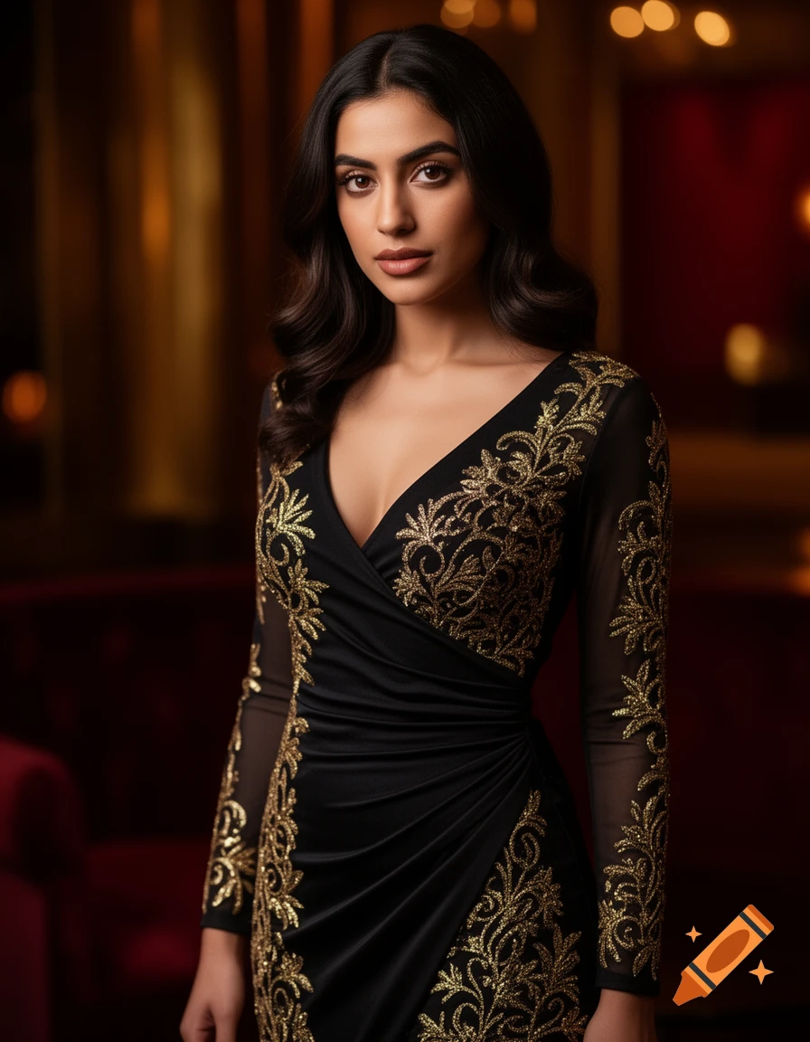 A beautiful woman with dark hair wears an elegant black dress with gold embroidery and sheer sleeves, looking directly forward.