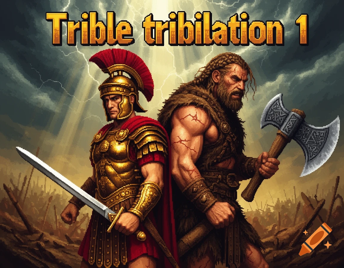 Pixel art video game cover: a Roman soldier and a barbarian warrior stand back to back on a battlefield under a stormy sky. Text: 'Trible tribilation 1'.