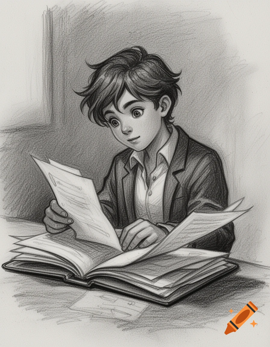 Charcoal drawing of a young boy in a suit examining documents and an open book at a desk.