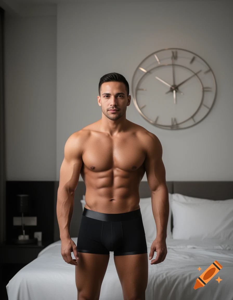 A muscular man in black boxer briefs stands in a modern bedroom with a large clock on the wall, photorealistic.