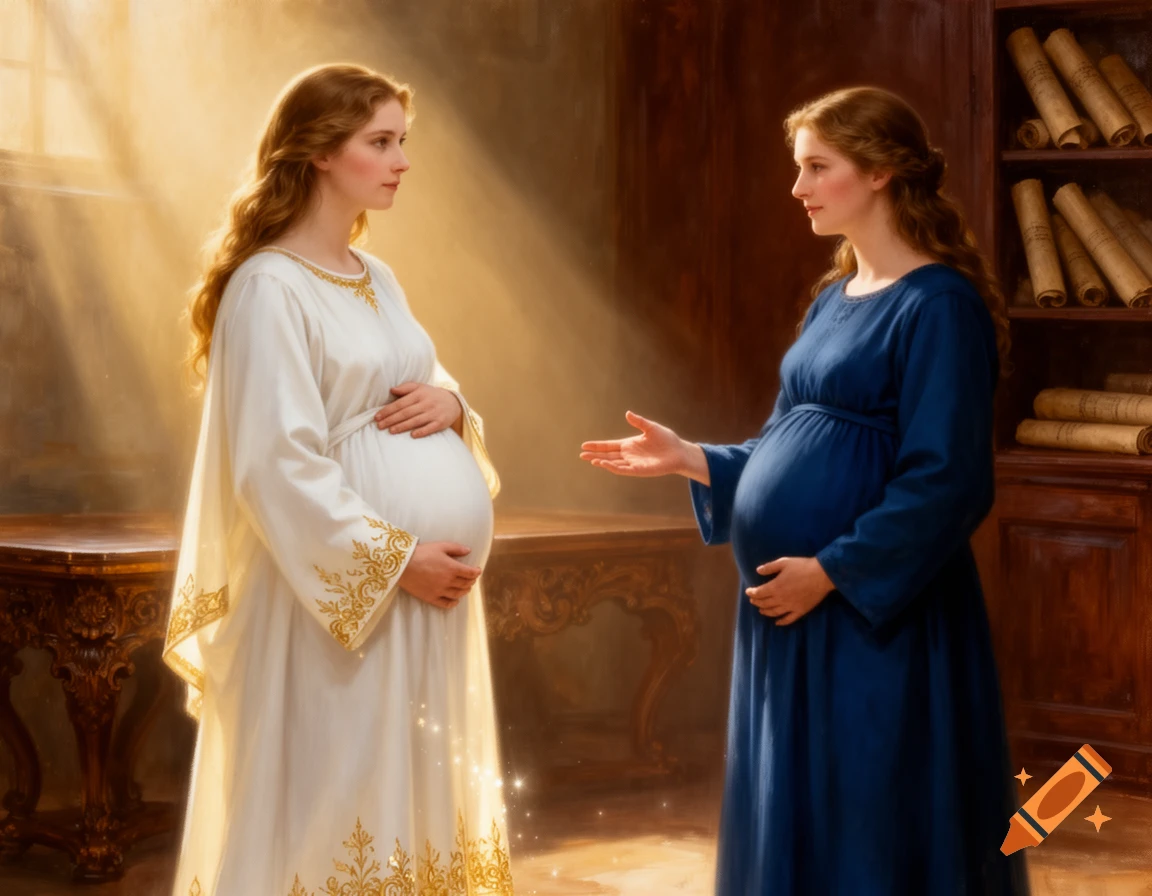 A classical painting of two pregnant women, one in white and one in blue, interacting in a sunlit room.