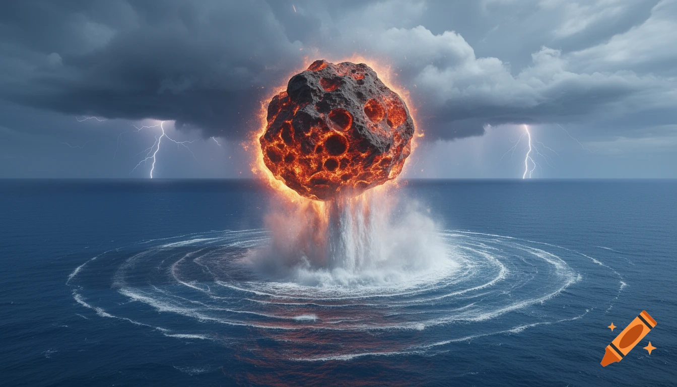 A glowing, fiery asteroid dramatically impacts a stormy ocean, causing a huge splash and radiating ripples under a lightning-filled sky.