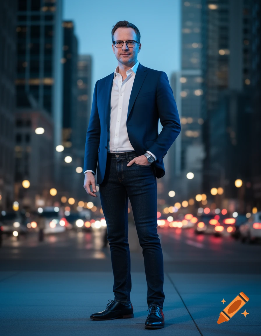 A man in a blue suit jacket, white shirt, and dark jeans stands on a city street at night with blurred traffic lights in the background.