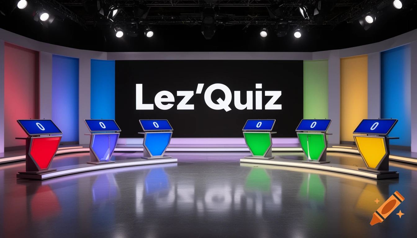 Photorealistic image of a vibrant TV game show studio set with six colorful podiums, each displaying a score of '0', and a large screen in the background showing 'Lez'Quiz'.