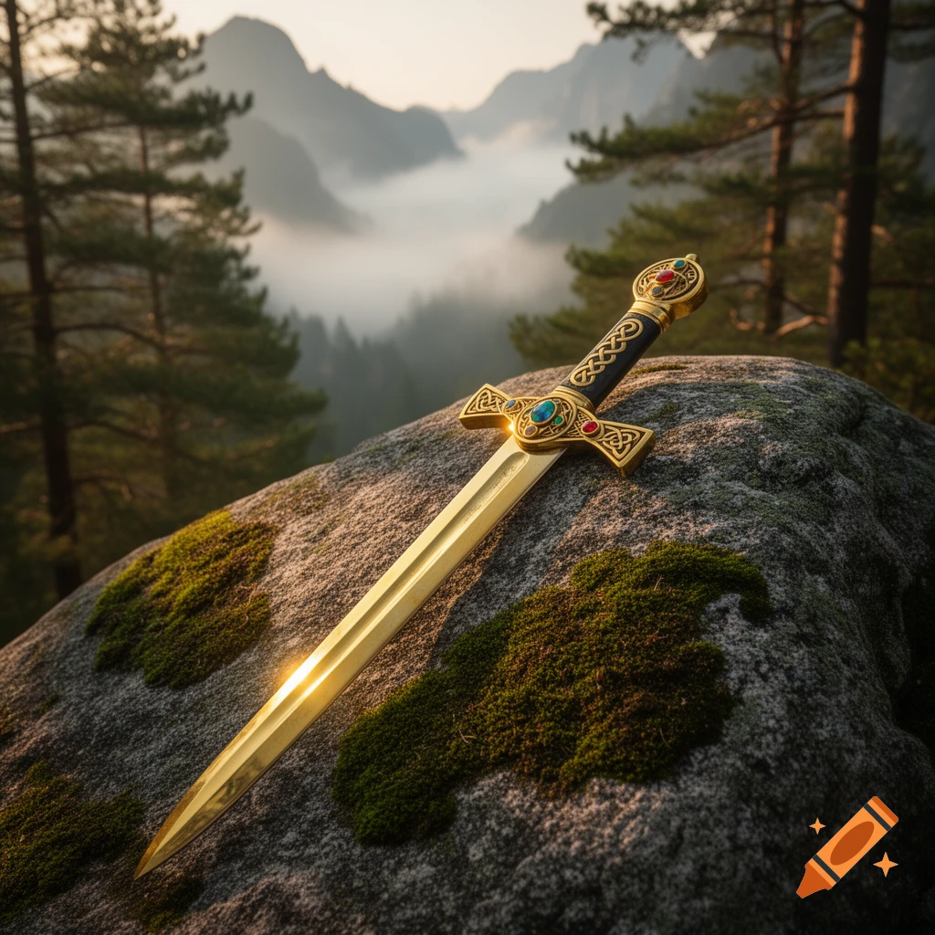 A golden sword with an ornate hilt lies on a mossy rock in a misty mountain forest at sunrise.