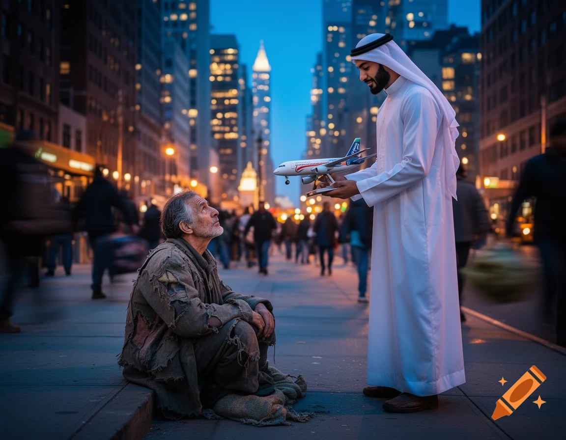 An Arab man in white robes holds a toy airplane toward a ragged beggar sitting on a city sidewalk at dusk, with blurred city lights in the background.
