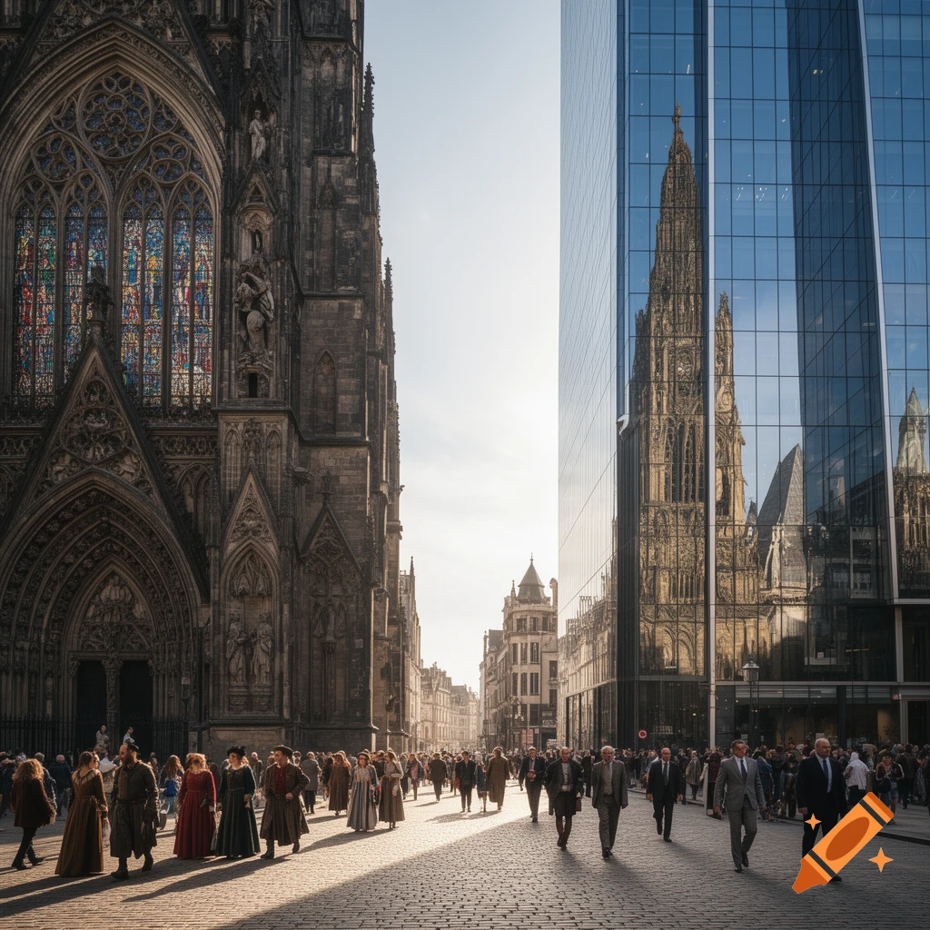 A grand Gothic cathedral stands beside a modern glass skyscraper reflecting its spires, with people walking on a cobblestone street.