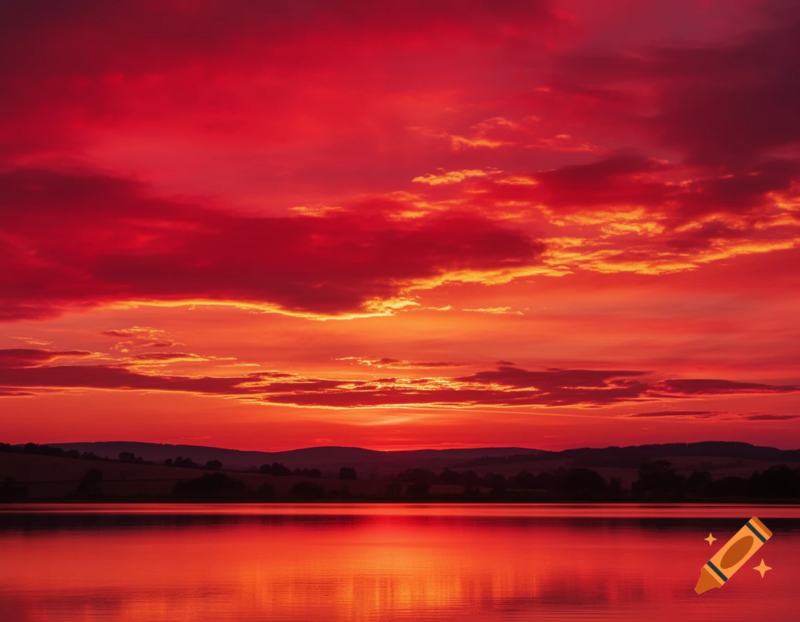 A vibrant red and orange sunset over a tranquil lake, with dark hills silhouetted against the colorful sky.