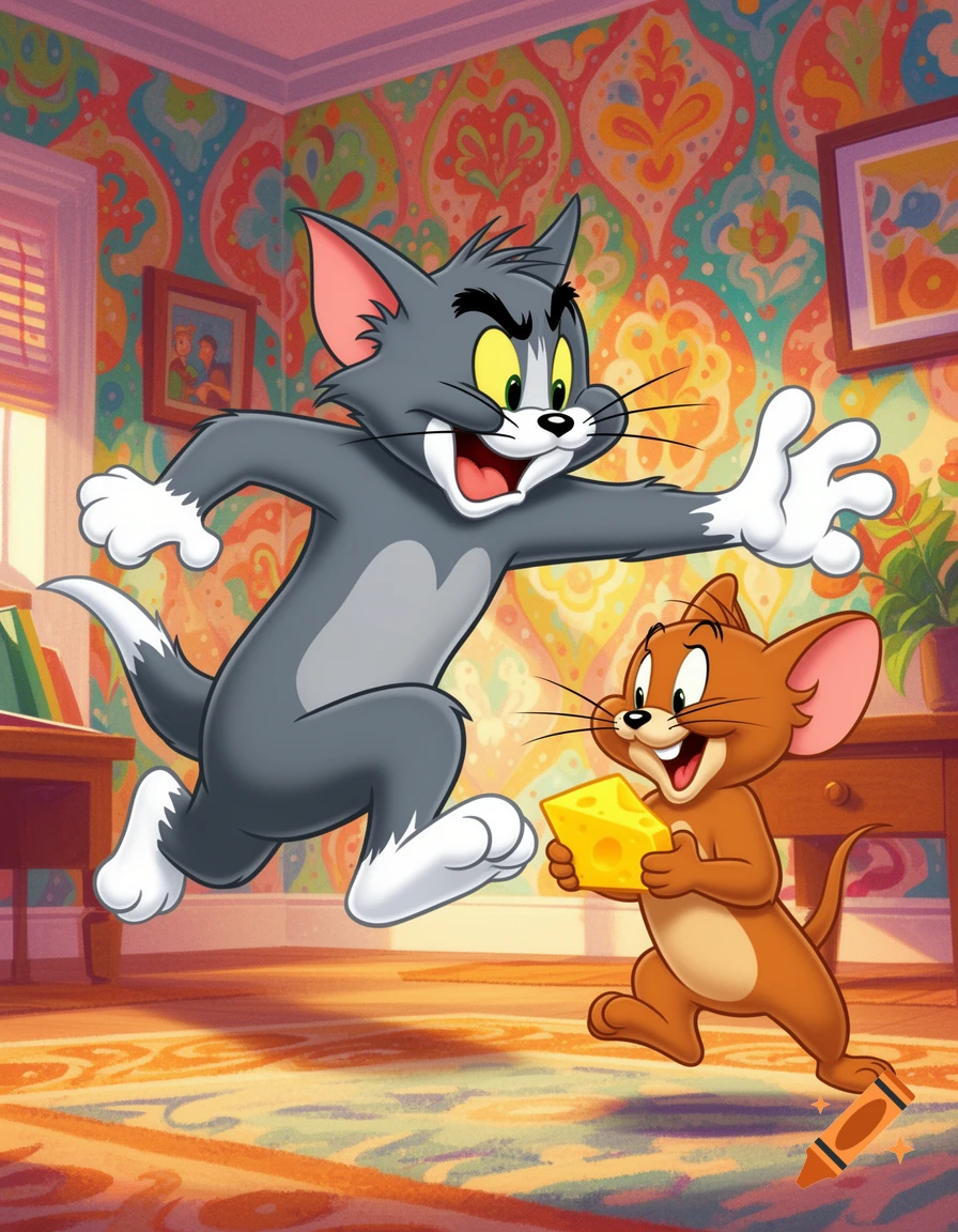 Tom the cat chases Jerry the mouse, who carries cheese, through a brightly colored cartoon room.