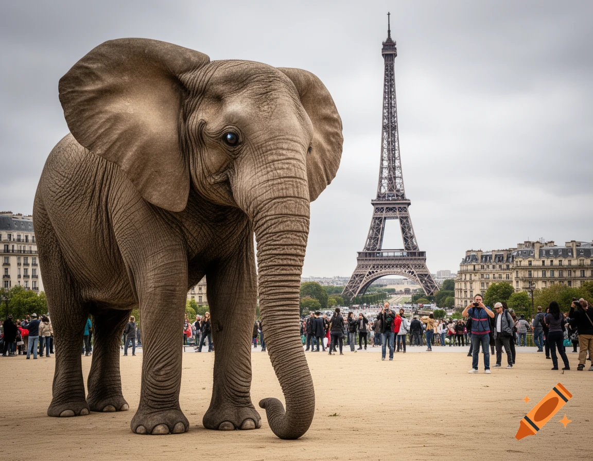 A massive elephant stands on a sandy plaza with the Eiffel Tower and crowds in the background under an overcast sky.
