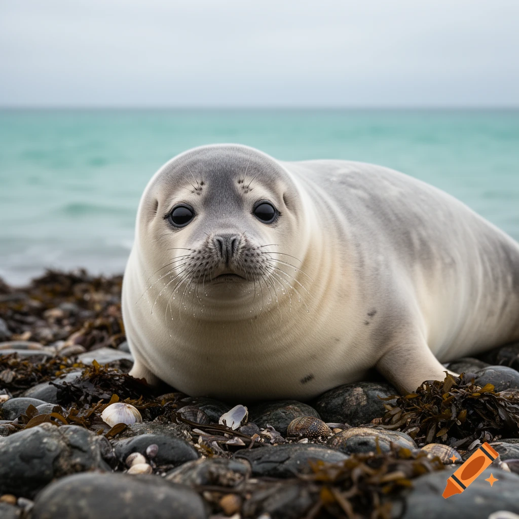 Close-up, photorealistic shot of a cute baby seal lying on a rocky beach with turquoise ocean in the background.