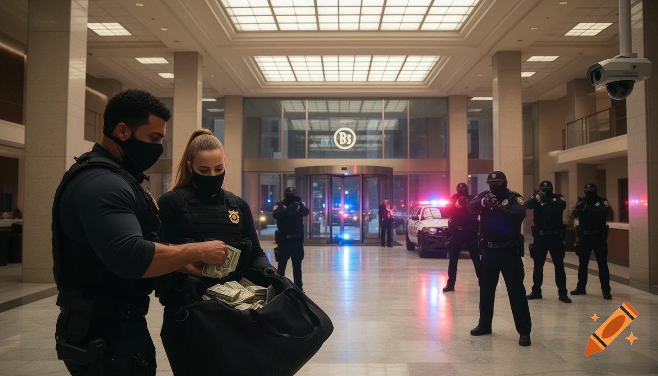Two masked people count money from a bag in a bank lobby while police with guns drawn surround them and a police car waits outside.