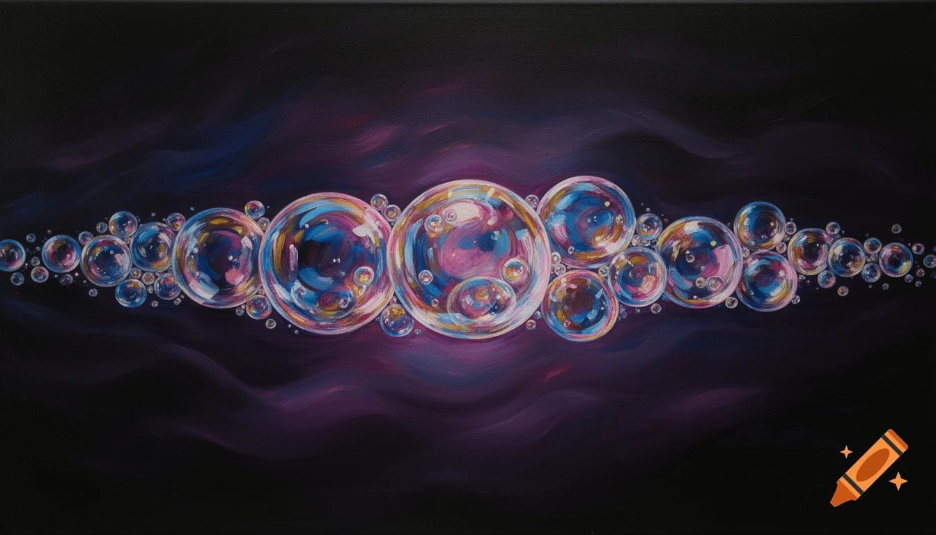 Colorful iridescent bubbles arranged horizontally on a dark, painterly background.