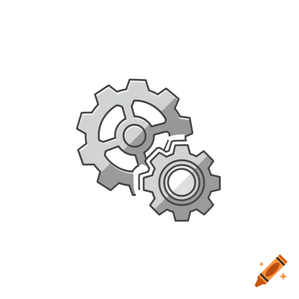 A pictogram featuring two grey gears, one with a broken tooth, on a white background.
