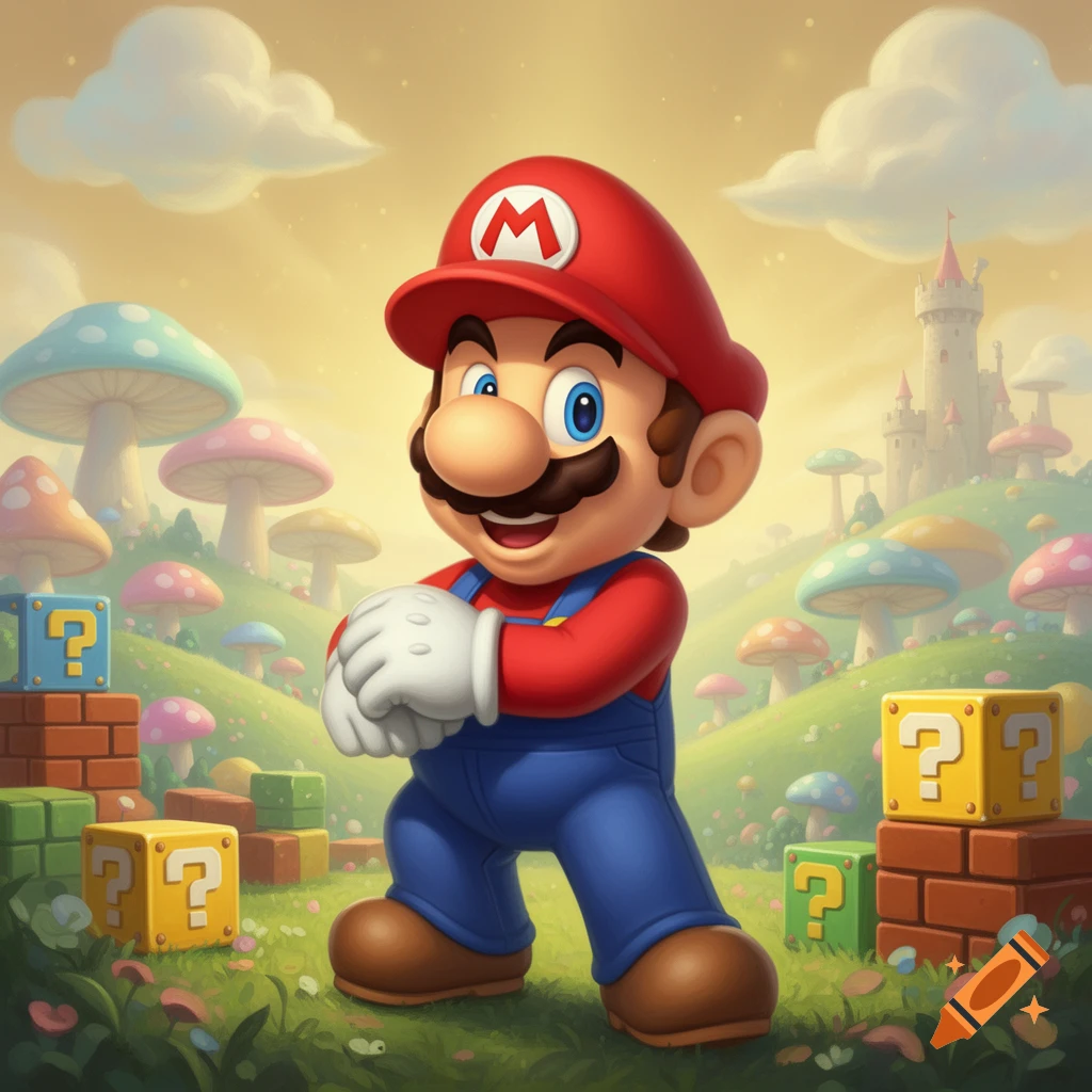 Mario stands with hands clasped in a vibrant, cartoonish mushroom kingdom landscape with a castle and question blocks.