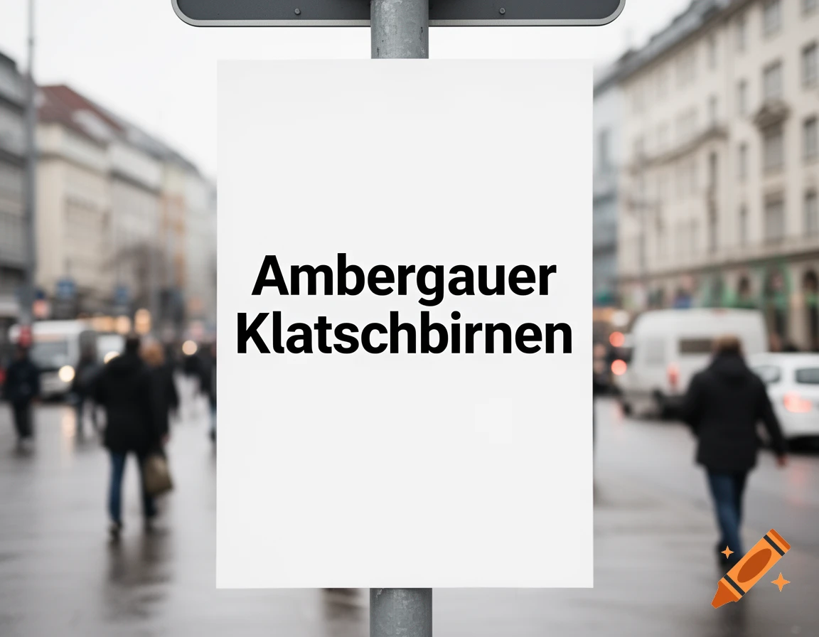 A white poster on a metal pole displays 'Ambergauer Klatschbirnen' in black text, set against a blurred urban street scene with pedestrians and traffic.