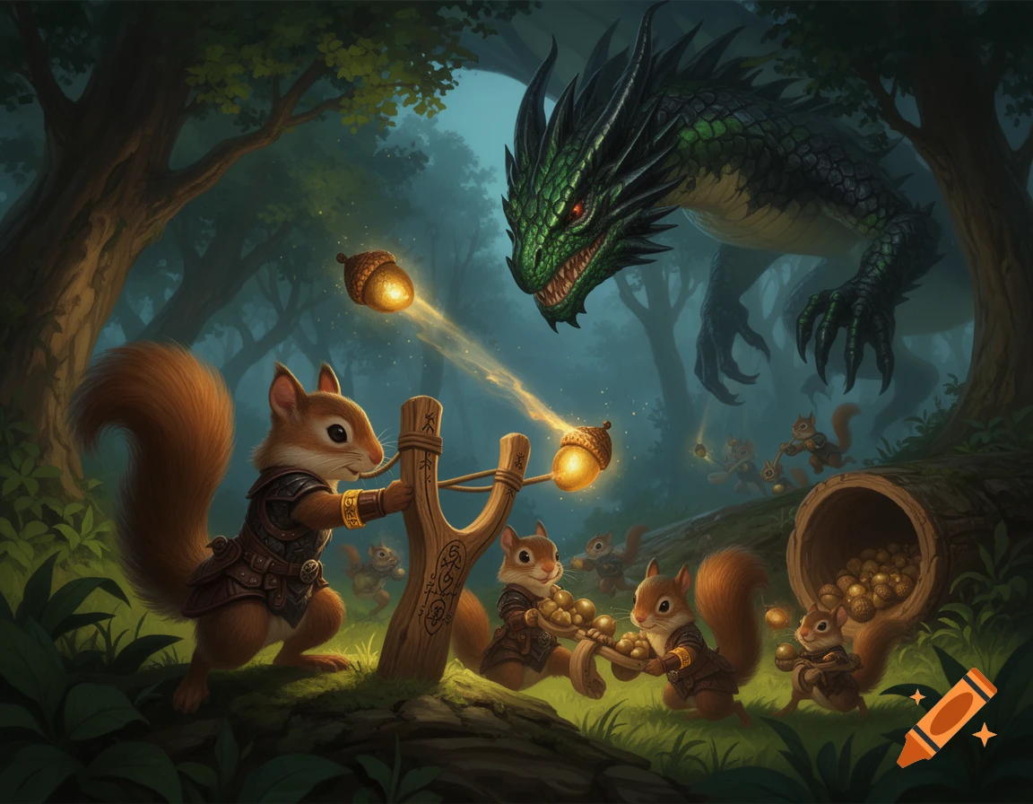 Armored squirrels use a giant slingshot to launch glowing acorns at a fearsome green dragon in a dark, mystical forest.